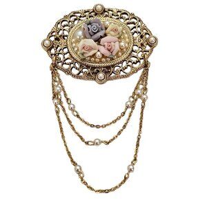 1928 Brand Porcelain Rose Victorian Style Chatelaine Chain Filigree Brooch, L409